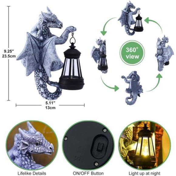 Dragon Tree Hugger with Solar Lantern 9.3 Inch Resin Dragon Statue for Garden - Picture 2 of 7